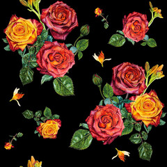Red and yellow roses on a black background. Seamless watercolor pattern