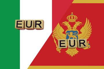 Italy and Montenegro currencies codes on national flags background
