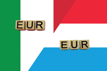 Italy and Luxembourg currencies codes on national flags background