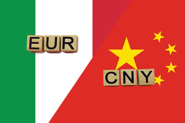 Italy and China currencies codes on national flags background