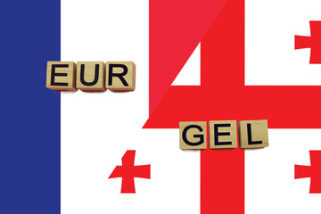 France and Georgia currencies codes on national flags background
