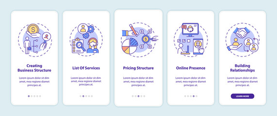 Business management onboarding mobile app page screen with concepts. Online marketing. Startup development walkthrough 5 steps graphic instructions. UI vector template with RGB color illustrations