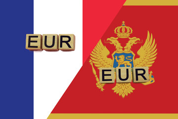 France and Montenegro currencies codes on national flags background