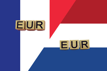 France and Netherlands currencies codes on national flags background