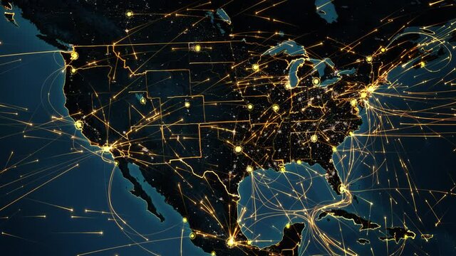 Animation of the United States map with bright connections and city lights. Yellow lines representing aerial, maritime, ground routes, state and country borders. Locked. Blue. 