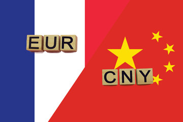 France and China currencies codes on national flags background