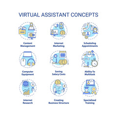 Virtual assistants concept icons set. Distant job. Online manager. Business marketing. Remote freelance work idea thin line RGB color illustrations. Vector isolated outline drawings. Editable stroke