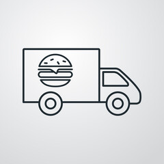 Comida para llevar. Logotipo con hamburguesa en vehículo de reparto con lineas en fondo gris