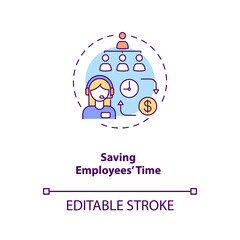 Saving employees time concept icon. Work schedule. Job planning. Virtual assistant productivity idea thin line illustration. Vector isolated outline RGB color drawing. Editable stroke