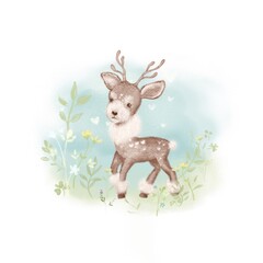 Cute cartoon deer on meadow with flowers. Cartoon animal character design.  kids background. Hand drawn baby watercolor illustration isolated 