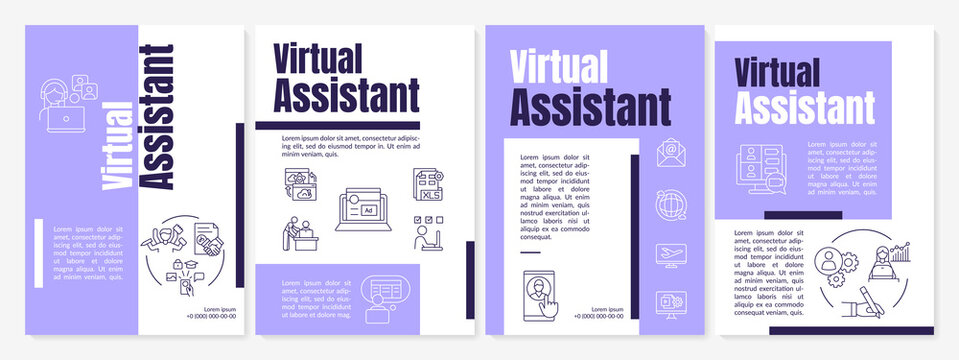 Virtual assistant brochure template. Self-employed worker. Remote job. Flyer, booklet, leaflet print, cover design with linear icons. Vector layouts for magazines, annual reports, advertising posters
