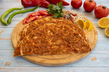 Turkish food: lahmacun, Turkish pizza, lemon, parsley