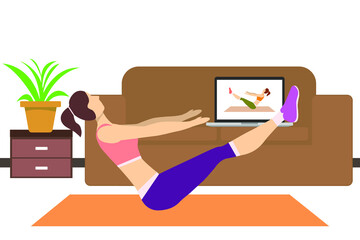 Stay at home concept. The girl watches online classes on a laptop, does fitness. Live broadcast, online education. A woman does exercises in a cozy modern interior. Vector illustrations