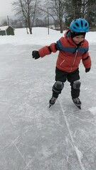 Naklejka premium A little boy ice-skating in winter with various poses.