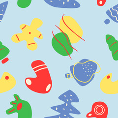 Festive winter season abstract seamless pattern. Ornate decoration. Geometric flat vector shapes. Wintertime texture with cartoon color icons. Decorative boho design with graphic elements