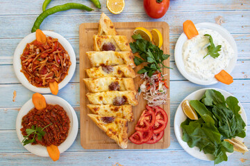 Turkish Sausage Pide or Sausage pizza / Sucuklu Pide. top wiev