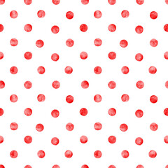 Polka dot red watercolor seamless pattern. Abstract watercolour color circles on white background