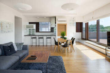 Fototapeta premium Spacious apartment with window wall