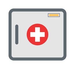 First aid kit box flat object vector illustration. Gray medicine chest with white cross in red circle and medical equipment for ambulance doctors. Medications for emergency with medicines and devices.