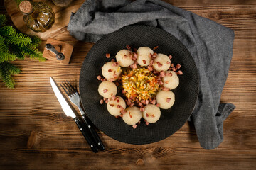 Meat stuffed potato dumplings.