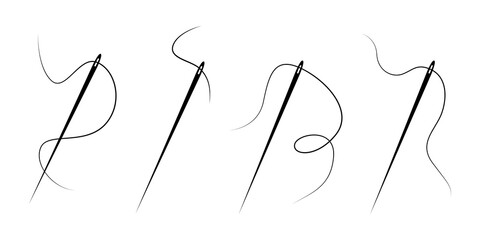 Set of needle with and thread. Vector sewing icons on white background.