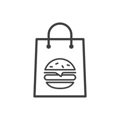 Comida para llevar. Logotipo con hamburguesa en bolsa de la compra con lineas en color gris