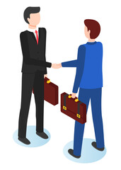 Obraz premium Businessmen shaking hands vector flat illustration. Two men in suits with a briefcase in hand greet, business meeting concept. Good deal, conclusion of an agreement on trade business relation