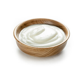 cream sour in small wooden bowl  isolated white background