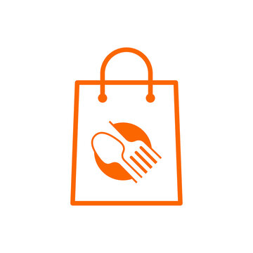 Comida para llevar. Logotipo con cuchara y tenedor en círculo en bolsa de la compra con lineas en color naranja