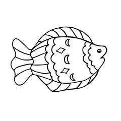 Hand-drawn contour vector fish. Sea sketch doodle illustration. Ornamental fish with patterns. Black cute silhouette