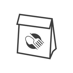Comida para llevar. Logotipo con cuchara y tenedor en círculo en bolsa de papel con lineas en color gris