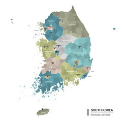 South Korea higt detailed map with subdivisions. Administrative map of South Korea with districts and cities name, colored by states and administrative districts. Vector illustration.