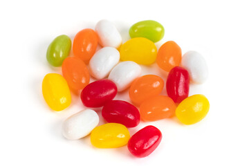 Multiple jelly bean candy sweets on white background
