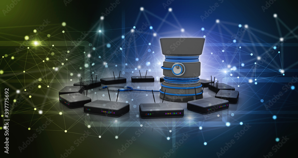 Poster 3d rendering transmitter wifi with stethoscope connected database
