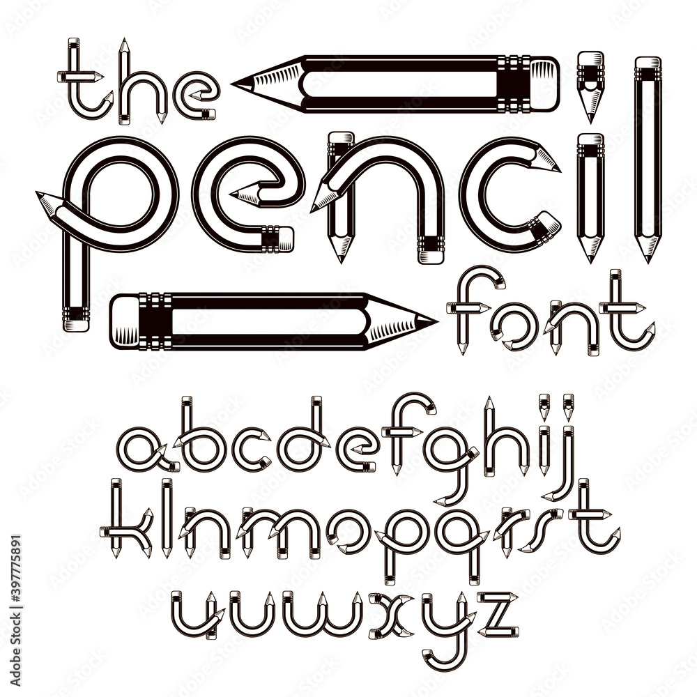 Poster set of vector lower case alphabet letters isolated constructed with sharp pencils, office tools desi