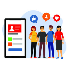 a collection of young people, smartphones and various icons on it