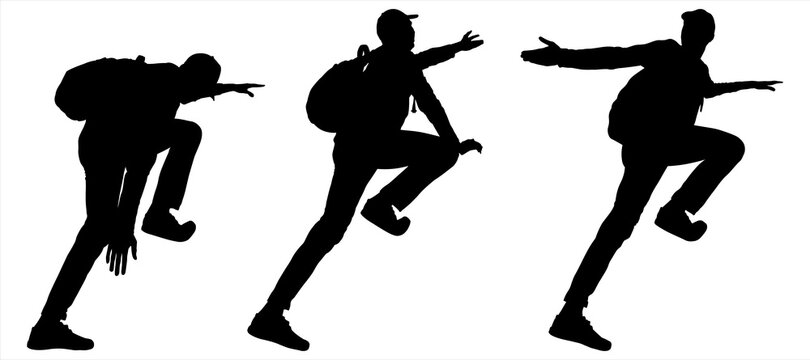 Man extends a helping hand. Hiking. Climber with a backpack on back and a baseball cap. Guy pulls hand down. Tourist climbs up the slope. Black male silhouettes are isolated on a white background.