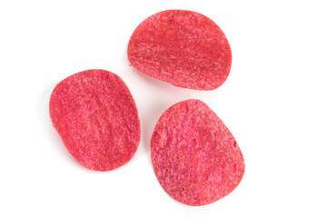 Pink potato chips isolated on white background