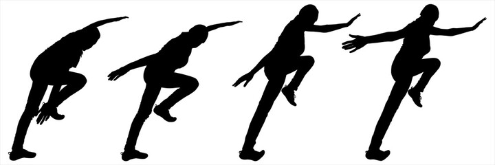 Climber climbs up the slope. Girl pulls her hand down. Woman extends a helping hand. Rescuer. Hiking. Overcoming obstacles in mountaineering. Black silhouettes are isolated on a white background.