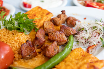 meat shish kebab in a plate with appetizers