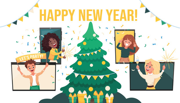 Online party. Virtual New Year company party. Diverse people celebrating Christmas eve via video call with decorations around. Friends meeting up online. Vector cartoon flat illustration 