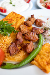 meat shish kebab in a plate with appetizers