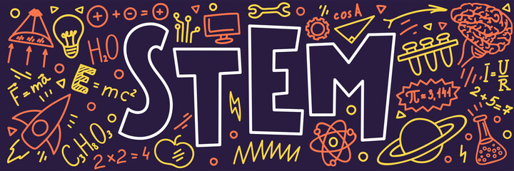 STEM. Science, technology, engineering, mathematics. Science education doodles and hand written word "STEM" © N.Savranska