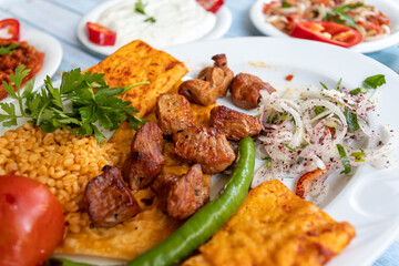 meat shish kebab in a plate with appetizers