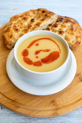 Red lentil soup. Traditional middle eastern, turkish , ramadan cuisine. Vegan food .