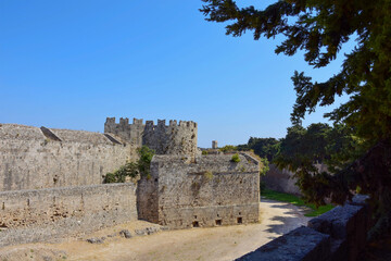 A view of the ancient walls of the old town of Rhodes on the Greek island of Rhodes.