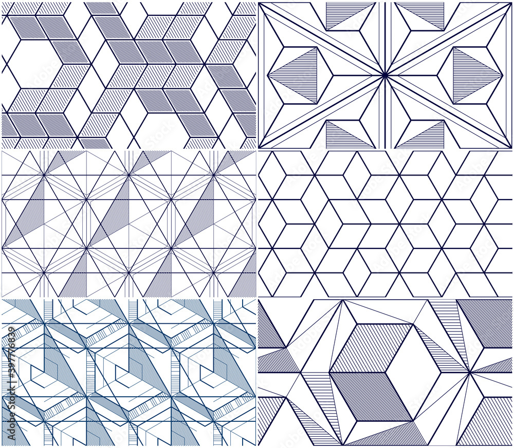 Poster geometric lines abstract seamless patterns set, 3d vector backgrounds cubes collection. technology s