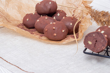 Dessert potatoes on wooden hemp