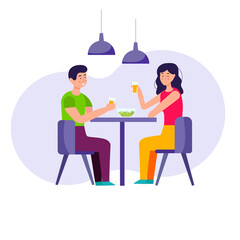 Romantic dinner at home. A young couple is having dinner, drinking juice and eating salad. Vector flat illustration.