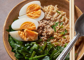 Close-up view of cooked noodle in a bowl